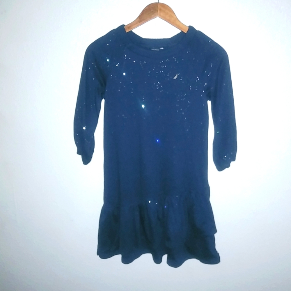 Nautica L Girls Midnite Ocean Sky Long Sleeved Navy Blue Sparkle Dress Kids